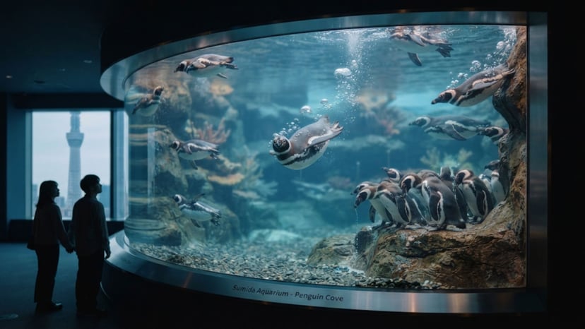 Penguins swimming in Sumida Aquarium Tokyo.