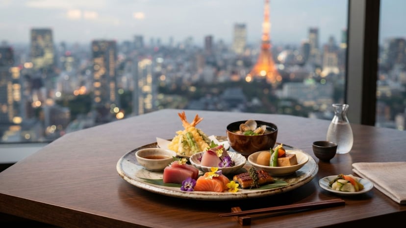 Fine dining experience with a view of Tokyo skyline.