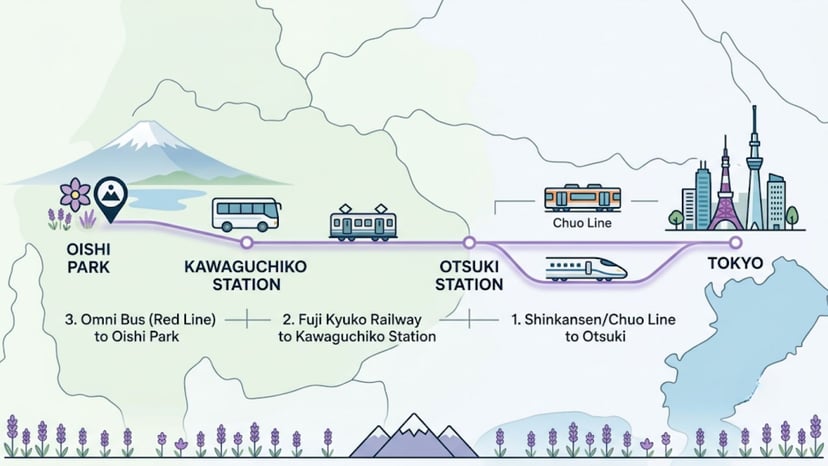 Simple transit route map showing the travel path from Tokyo to Kawaguchiko Station and up to Oishi Park on the north shore.