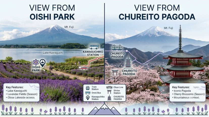 Side by side visual comparison of the wide open lakeside views at Oishi Park versus the steep stairs and pagoda framing at Chureito Pagoda.
