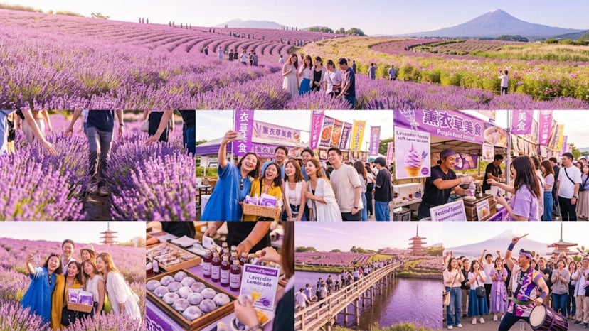Photo collage of the Kawaguchiko Herb Festival showing blooming purple lavender fields and tourists exploring Oishi Park.