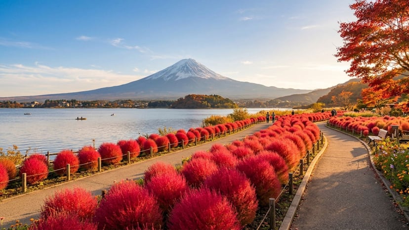 Vibrant red, fluffy Kochia bushes lined up along the lakeside path at Oishi Park with Mount Fuji in the background during autumn.