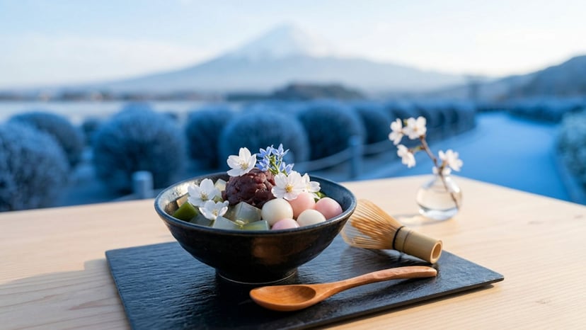 A close-up shot of a hand holding a purple blueberry soft-serve ice cream cone on a terrace overlooking Mount Fuji at Oishi Park.