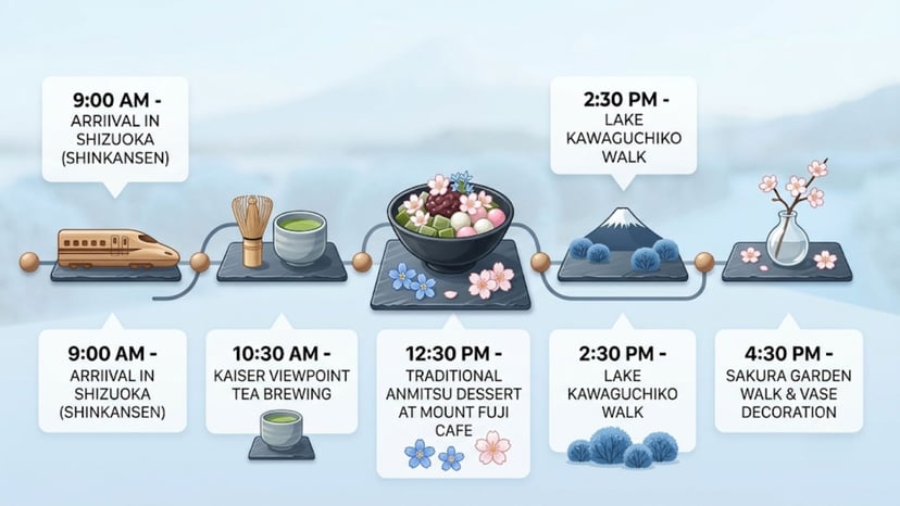 A clean visual infographic timeline chart detailing a 1-day itinerary from Oishi Park to Music Forest Museum, Kubota Art Museum, and sunset paths.