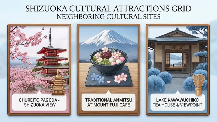A 3-photo grid collage displaying the clear water springs of Oshino Hakkai, thatched houses of Saiko Iyashi no Sato Nenba, and Fuji-Q Highland coasters.