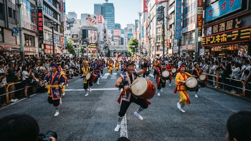 Okinawan Eisa dancers in traditional attire performing on a Tokyo street.
