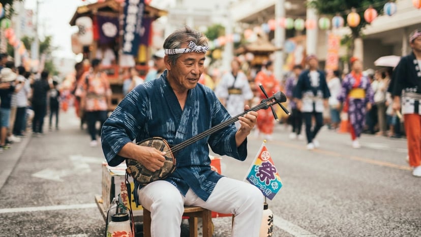 A performer playing the Okinawan three-stringed Sanshin instrument.