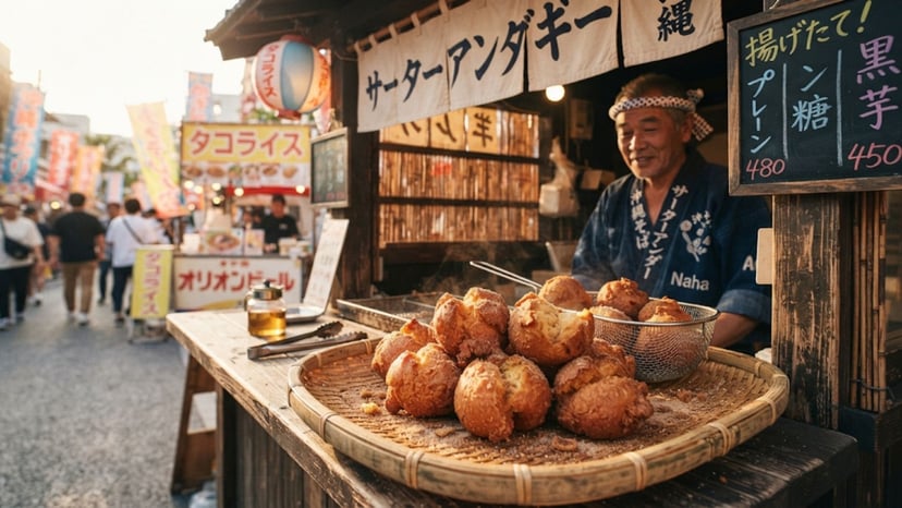 Freshly fried Sata Andagi Okinawan donuts served at a festival stall.