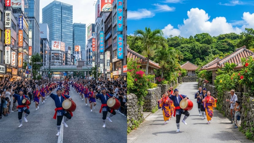 Visual comparison of urban Tokyo festival and traditional rural Okinawa.