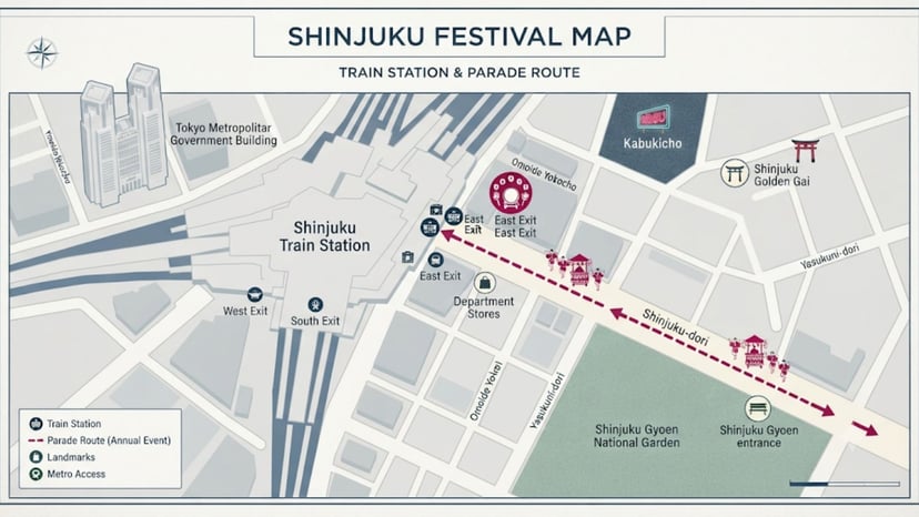 A map graphic highlighting East and West exits of Shinjuku Station for the festival.