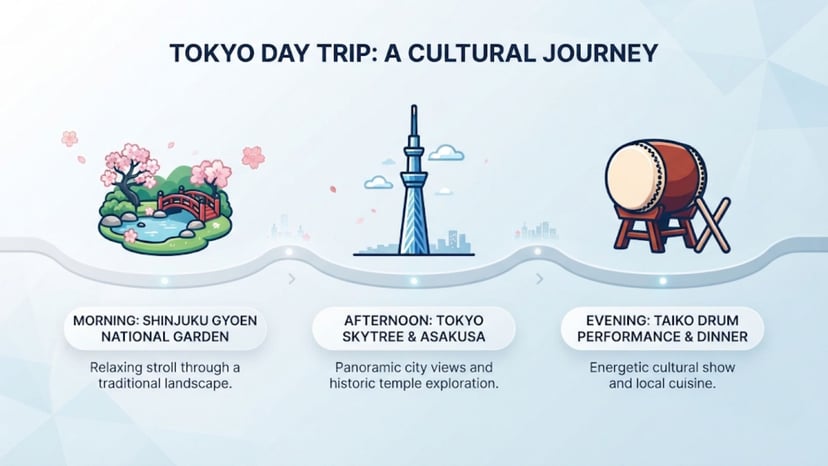 A timeline graphic of a perfect day in Shinjuku, from park to festival.