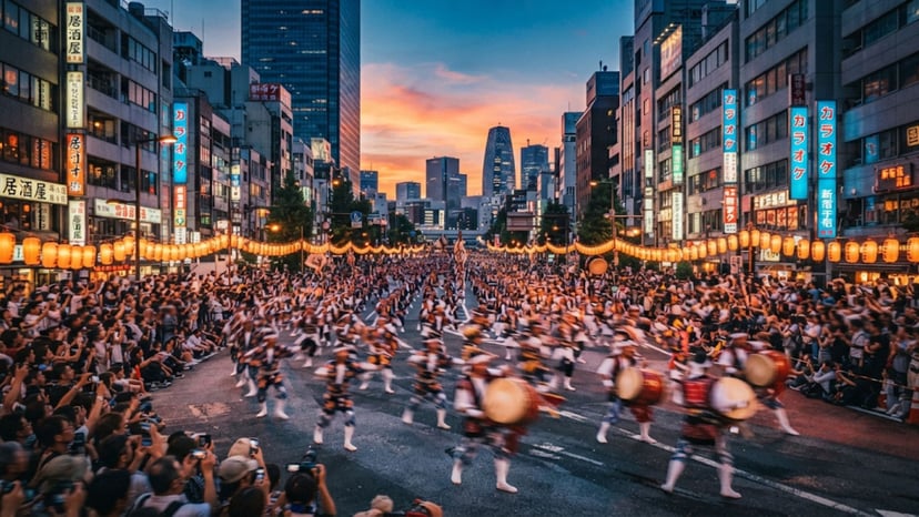 Shinjuku streets illuminated during the Eisa festival at dusk.
