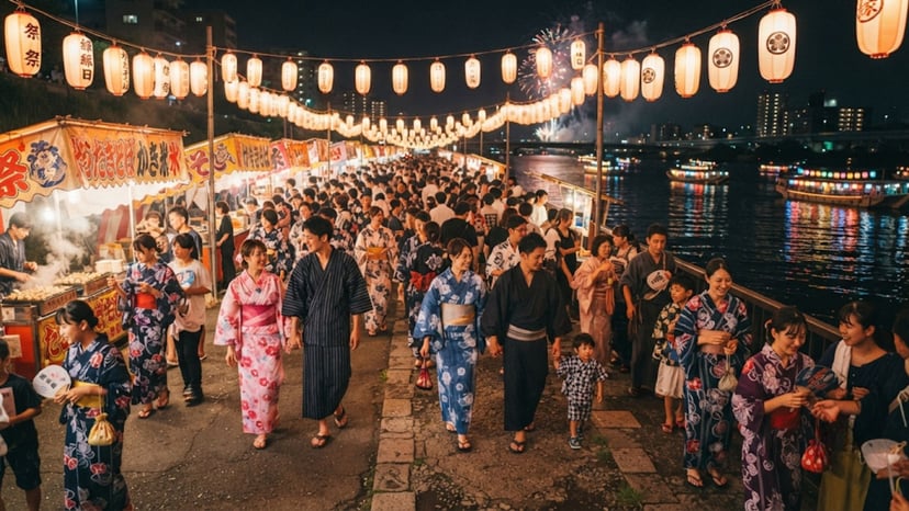 People in traditional Japanese yukata watching fireworks along the Sumida River.
