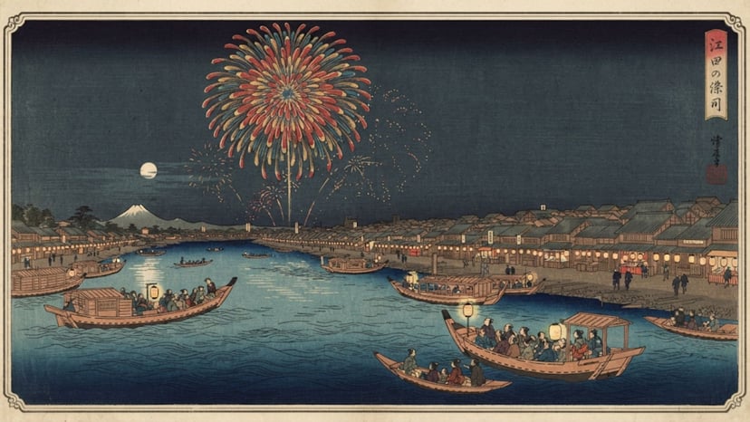 A vintage woodblock print style illustration of early fireworks on the Sumida River.