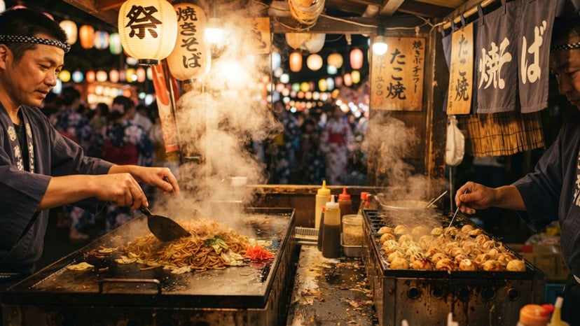 Close-up of yakisoba and takoyaki being cooked at a street food stall.
