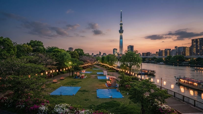 Scenic view of Sumida Park with the Tokyo skyline before the fireworks.