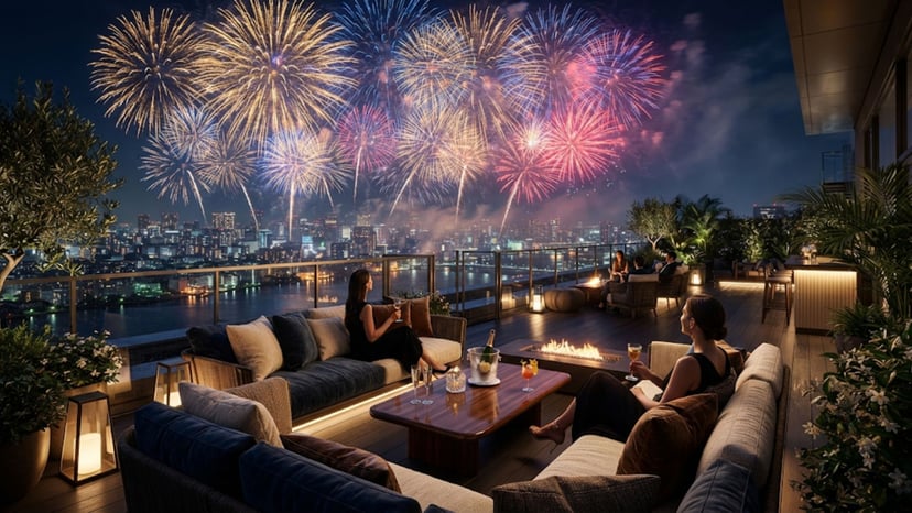 Private luxury rooftop terrace overlooking the Tokyo fireworks display.