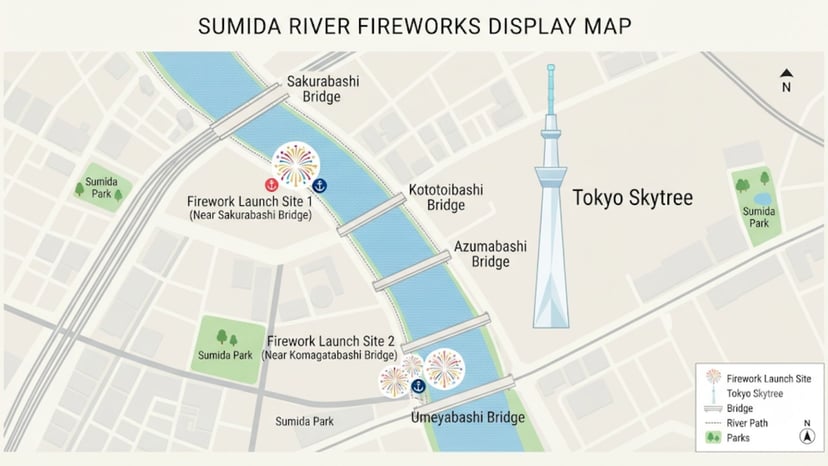 A map graphic highlighting Asakusa, the Sumida River, and firework launch zones.