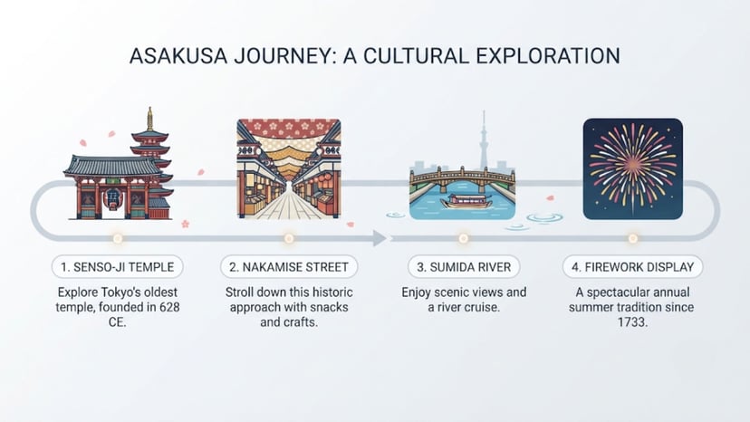 A timeline graphic of a perfect day trip in Asakusa and Sumida.
