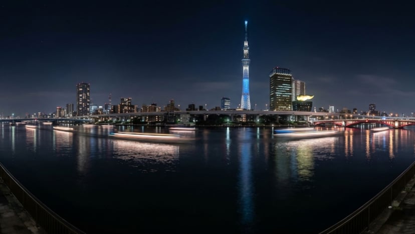 Night view of Tokyo's sparkling skyline reflected in the Sumida River.