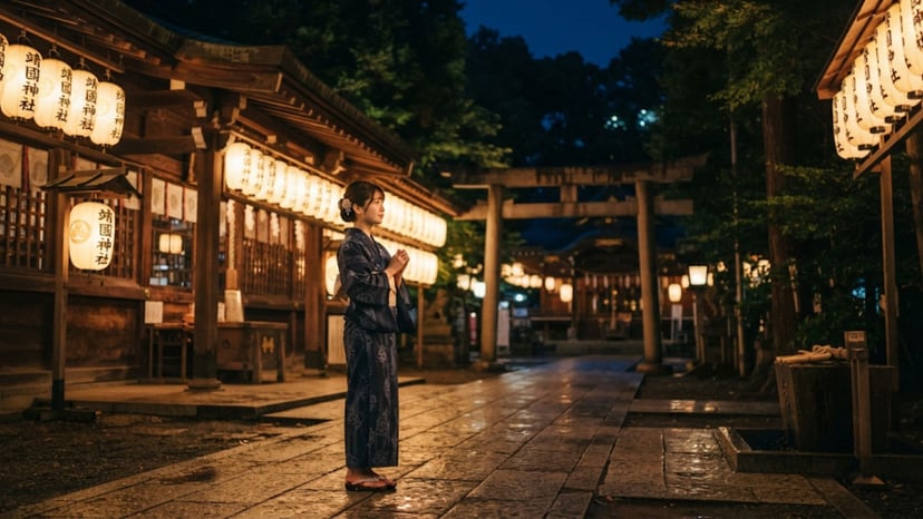 A visitor praying quietly in front of the illuminated shrine buildings.