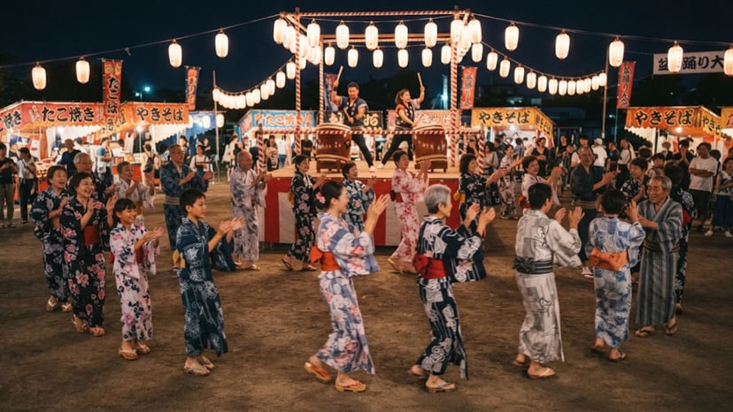 Local community members performing the traditional Bon Odori dance.