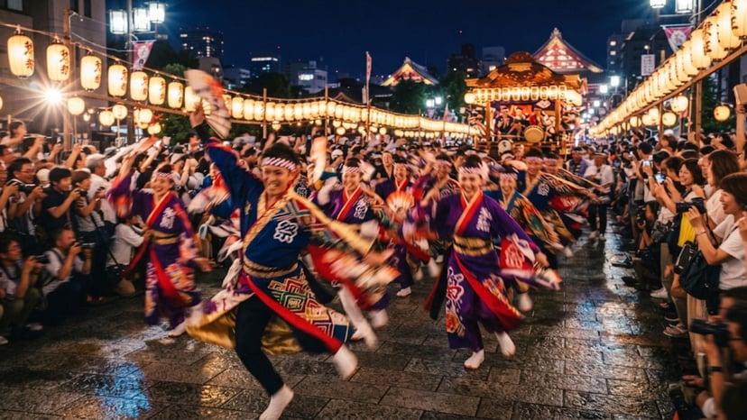 Dancers in vibrant costumes performing the energetic Awa Odori.