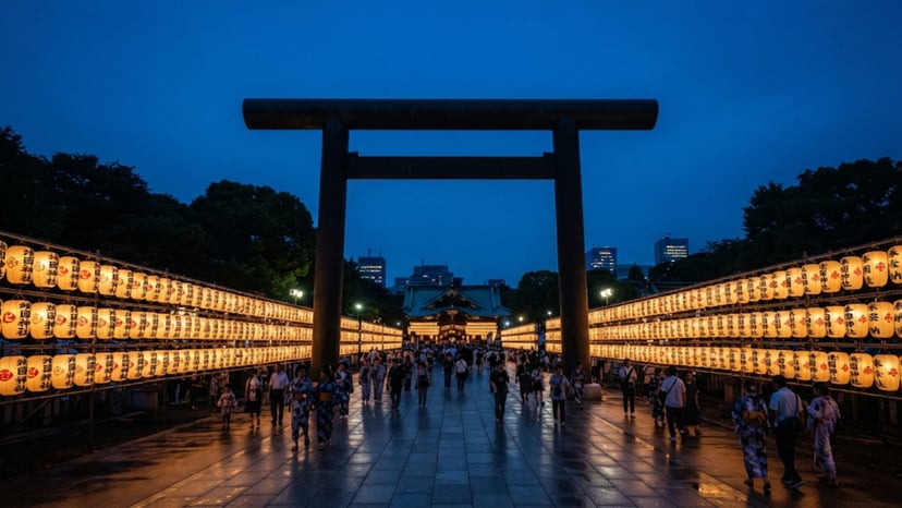 The shrine architecture during the blue hour transition.