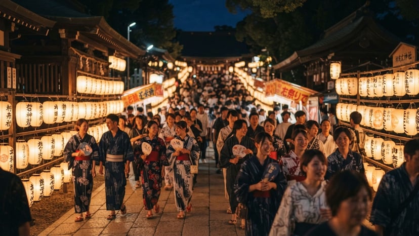 Visitors walking through the shrine grounds enjoying the festival.