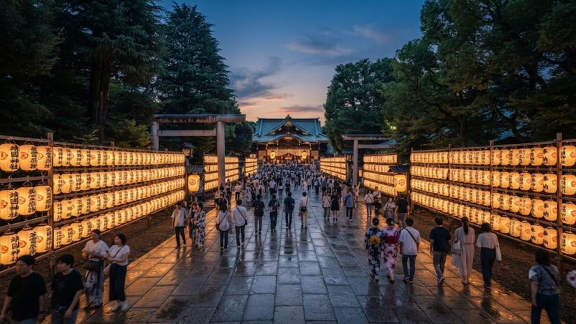 Thousands of paper lanterns lining the Yasukuni Shrine approach at twilight.