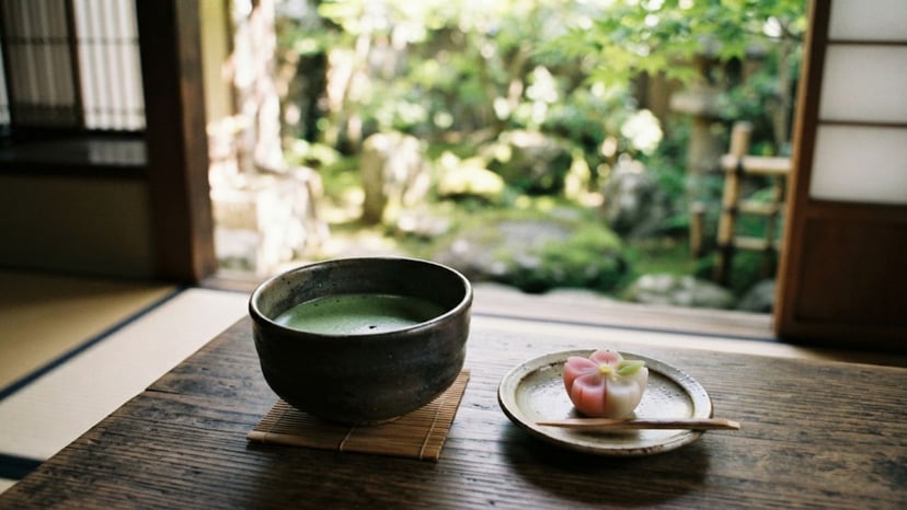 Visitors enjoying matcha at a traditional wooden tea house.