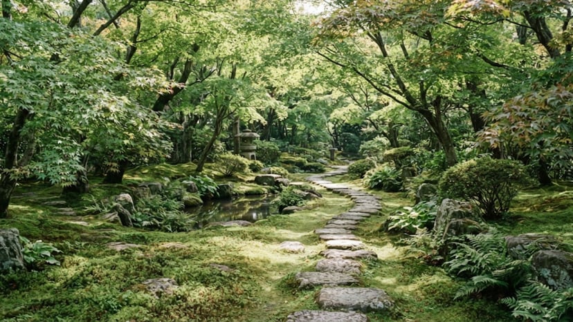 A quiet stone path winding through the green garden.