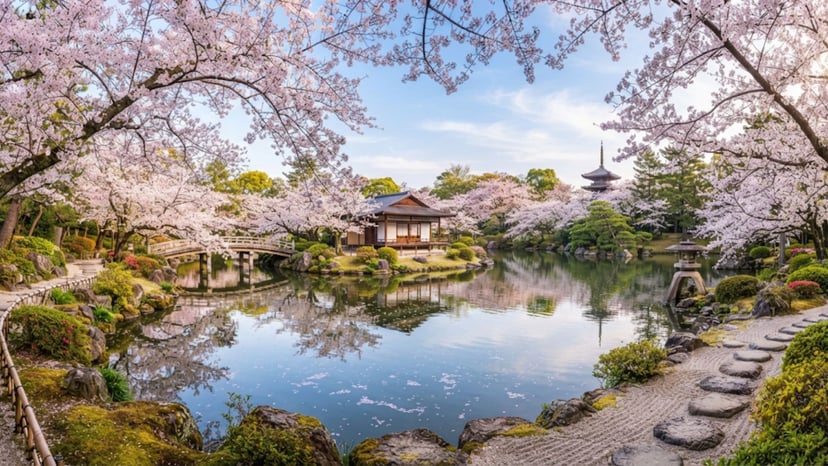Pink cherry blossoms blooming over the garden pond.