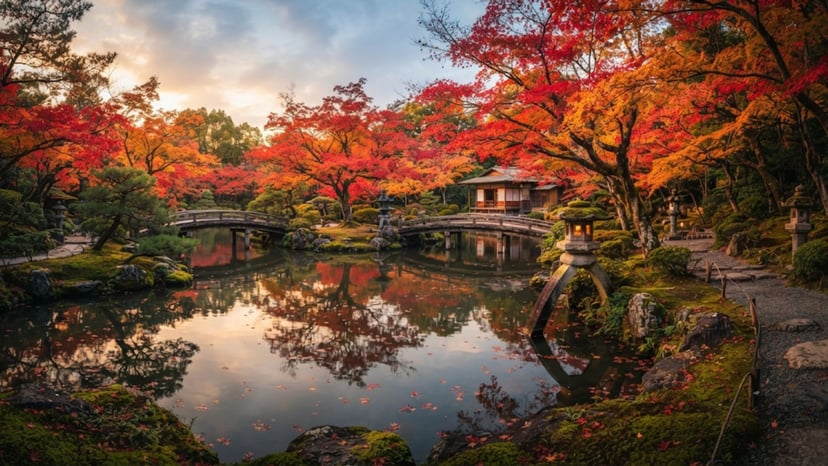 Vibrant red and orange maple leaves in Sankeien Garden.