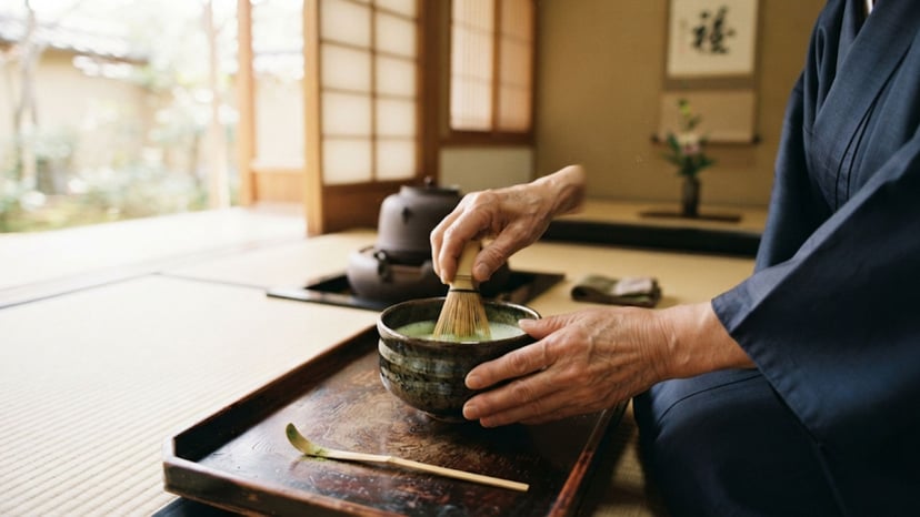 Close up of tea master preparing tea in a traditional room.