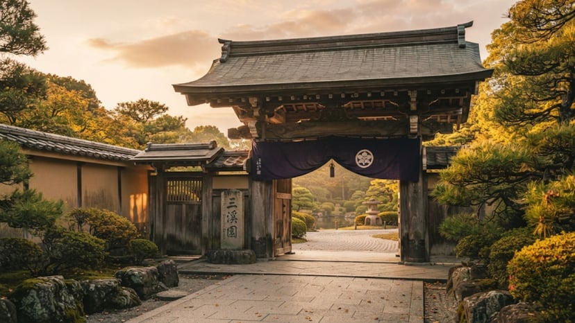 Sunset lighting over the Sankeien garden entrance.