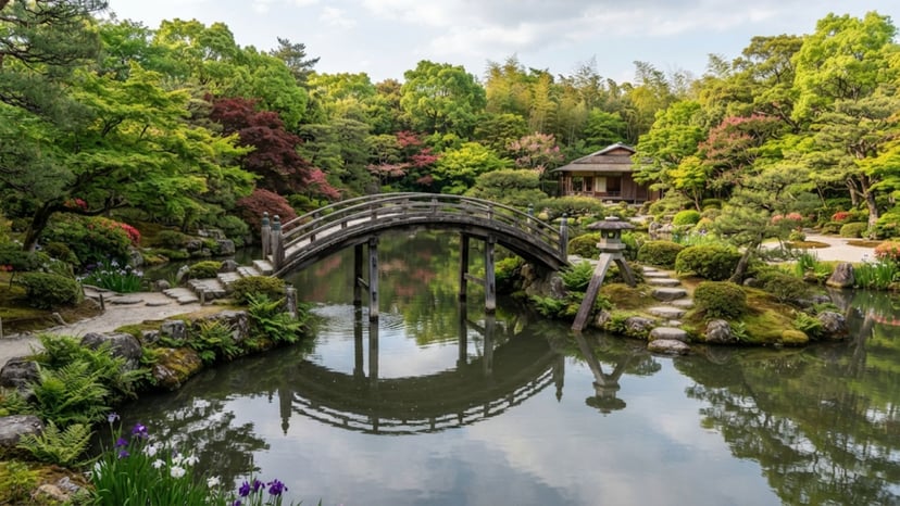 Traditional Japanese bridge over a pond at Sankeien Garden.