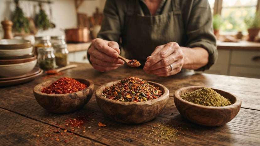 Artisan making custom Shichimi Togarashi spice blend.