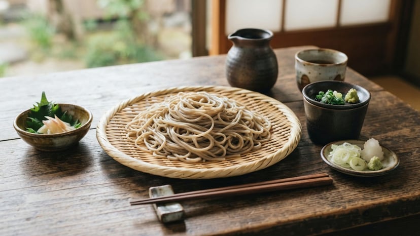 A beautifully presented tray of traditional Shinshu soba noodles.