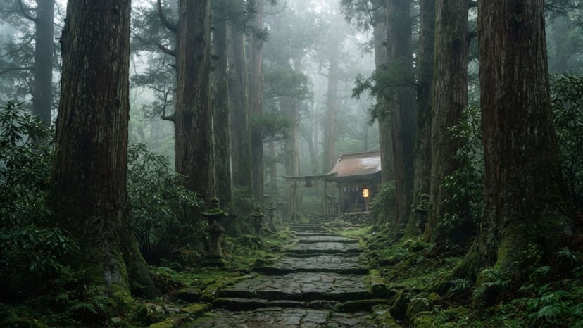 A giant cedar avenue leading to Togakushi Shrine.