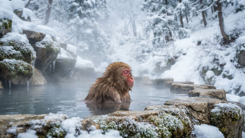 A wild snow monkey bathing in a natural hot spring.
