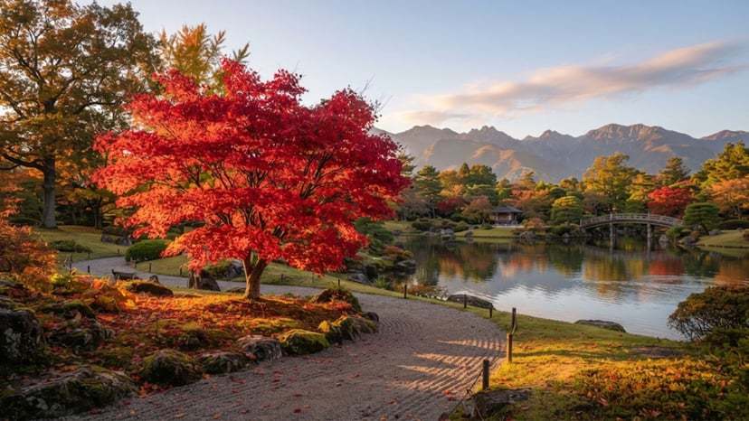 A vibrant red maple tree over a park bench in Nagano.