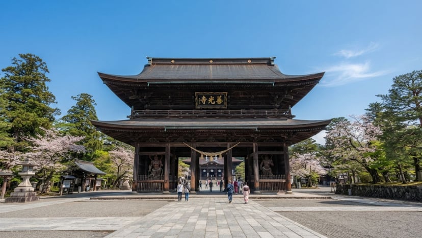Zenkoji Temple entrance gate with surrounding greenery.