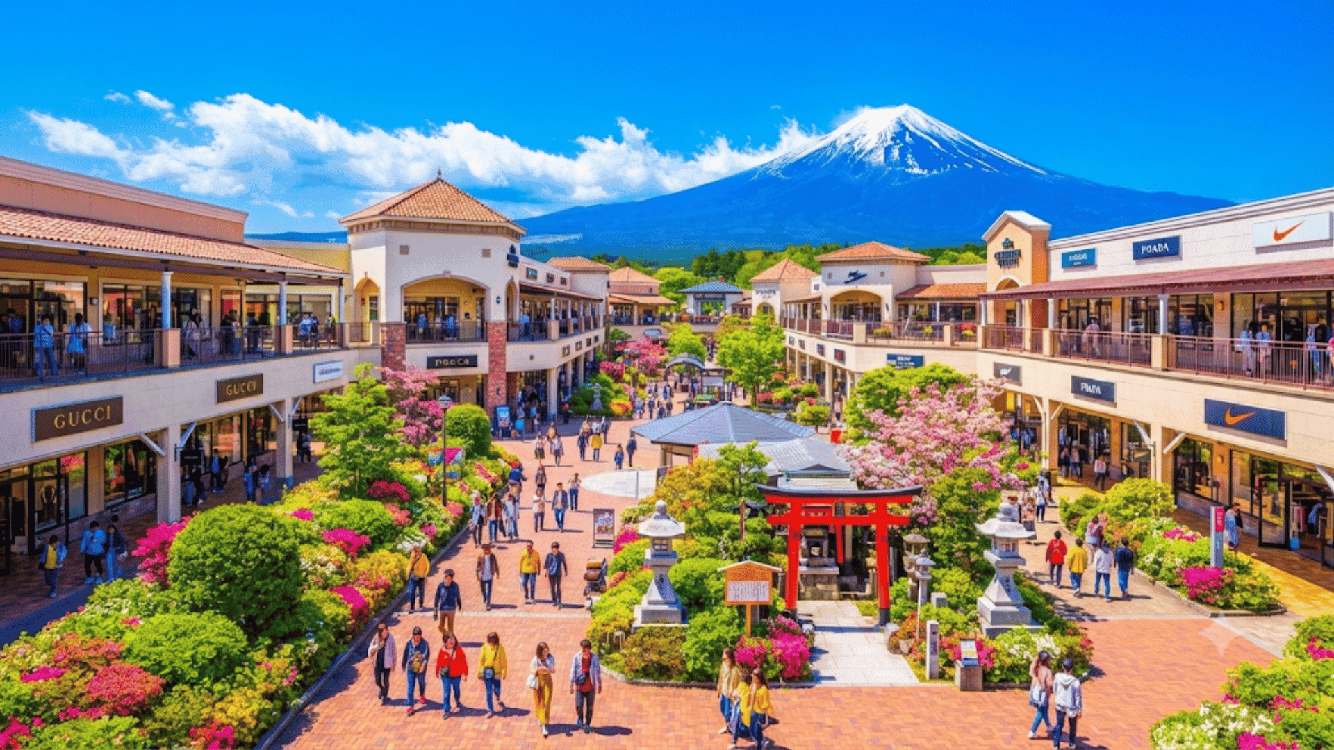 View of Gotemba Premium Outlets shopping center with shoppers and Mount Fuji visible in the distance.
