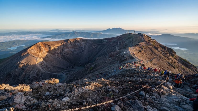 A wide-angle view of the Mount Fuji summit above the clouds at sunrise.