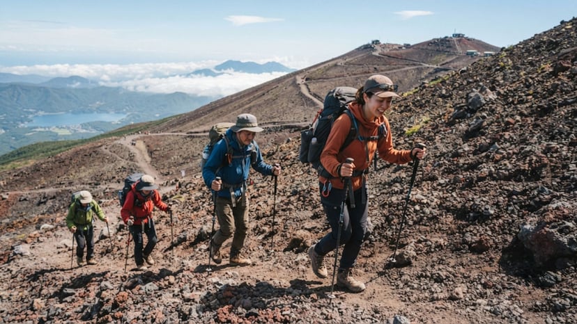Hikers walking up the volcanic trail of Mount Fuji during daylight.