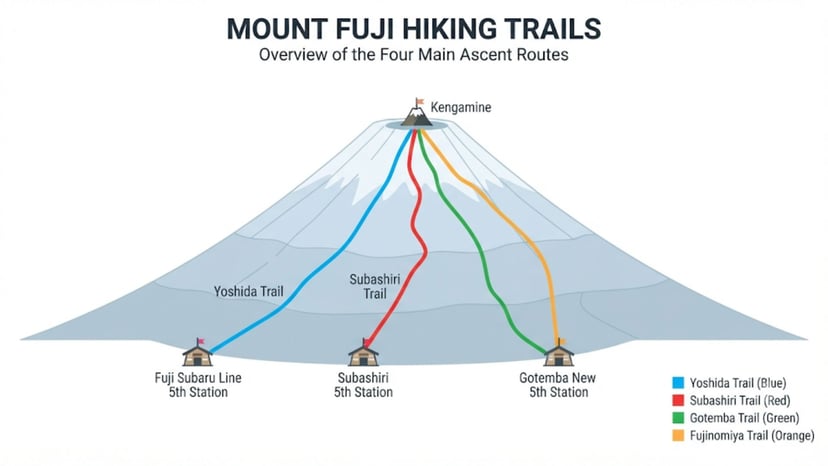 A simplified infographic map showing the four main Mount Fuji climbing routes.