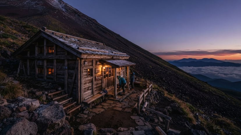 A cozy wooden mountain hut on the slope of Mount Fuji at dusk.