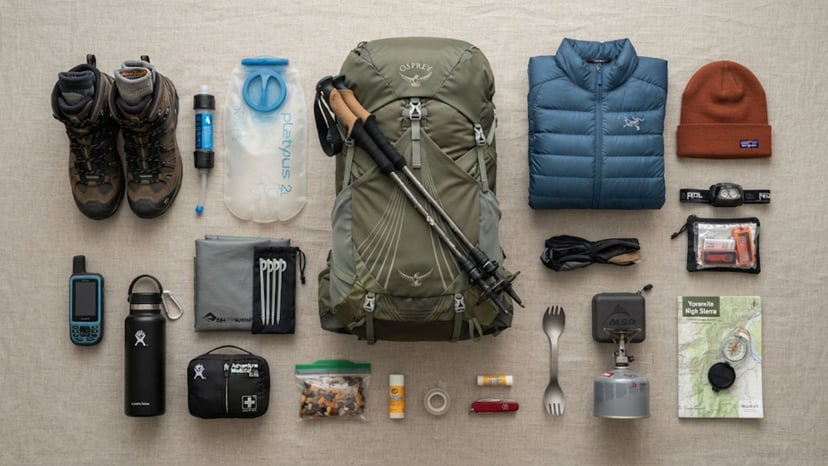 Flat lay of essential hiking gear for Mount Fuji including boots and a lamp.