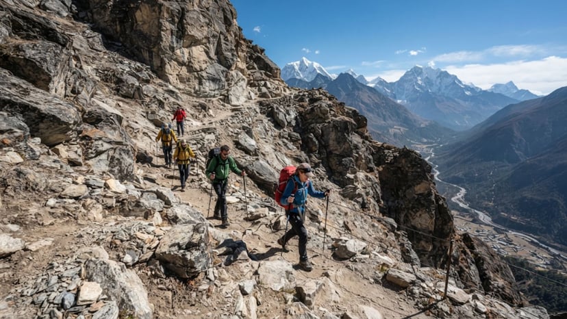 A steep, rocky section of the trail requiring careful foot placement.